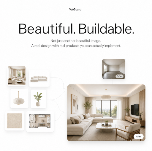 Beautiful, buildable: a WeBoard room design assembled from real furniture and room references.