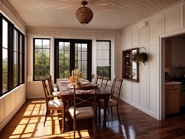 Concept of the dining room with lighter flooring and walls.