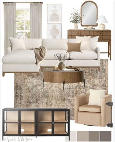 A mood board of a sofa, rug, chair, and side table.