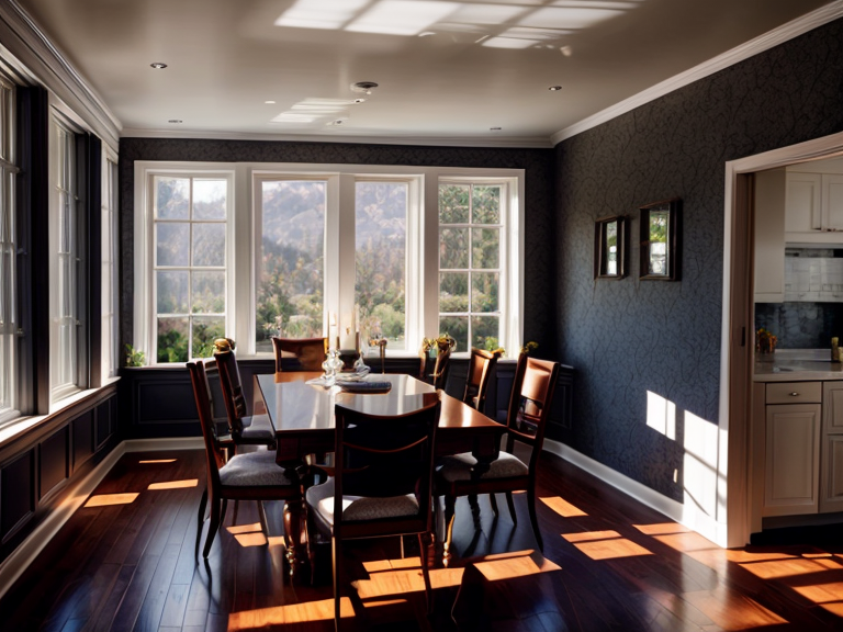 Inspiration image: a dining room with dark walls and bright windows.