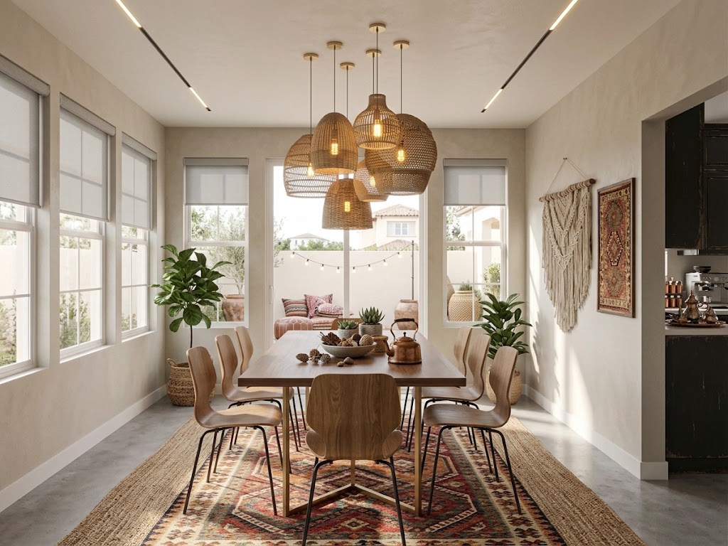 Boho dining room concept with woven details and relaxed natural materials.