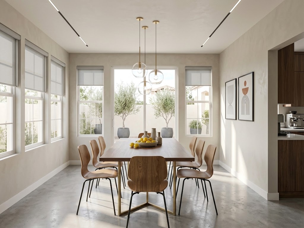 Modern dining room concept with clean lines and contemporary finishes.