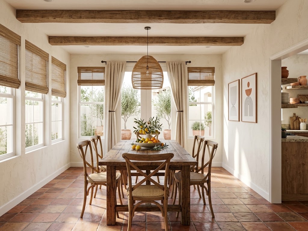 Rustic dining room concept with warm wood finishes and natural textures.