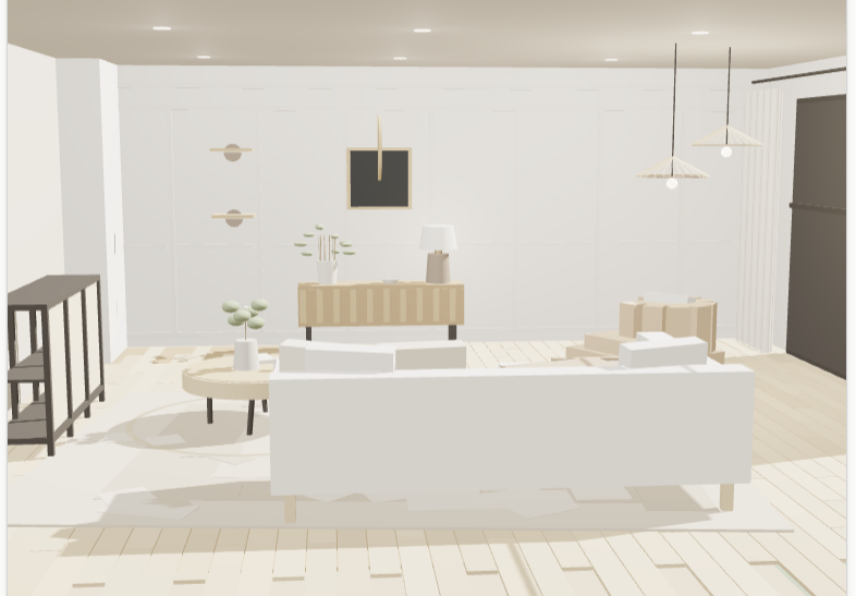 A plain white room model with only a few simple furniture shapes.